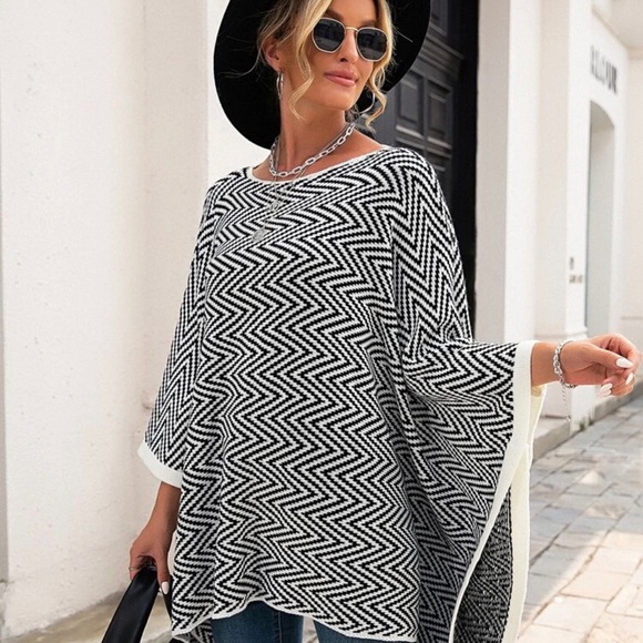 Chevron Pattern Contrast Trim Poncho Sweater XL - Picture 7 of 7